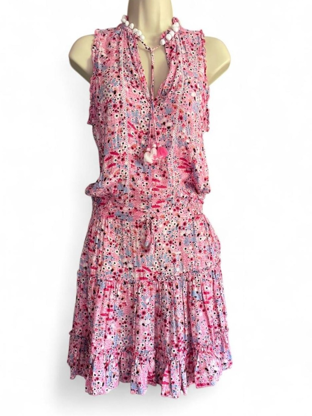 Poupette St Barth Pink Mini Dress Small Boho Tassel Tie Pom Pom Trim Resort